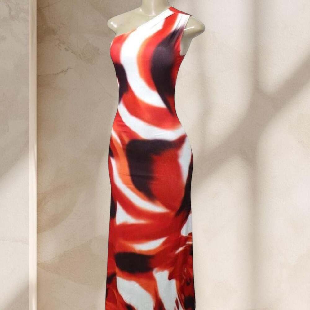 Red Abstract Print Maxi Dress – One Shoulder Bodycon Stretch Sexy Statement ✧ L